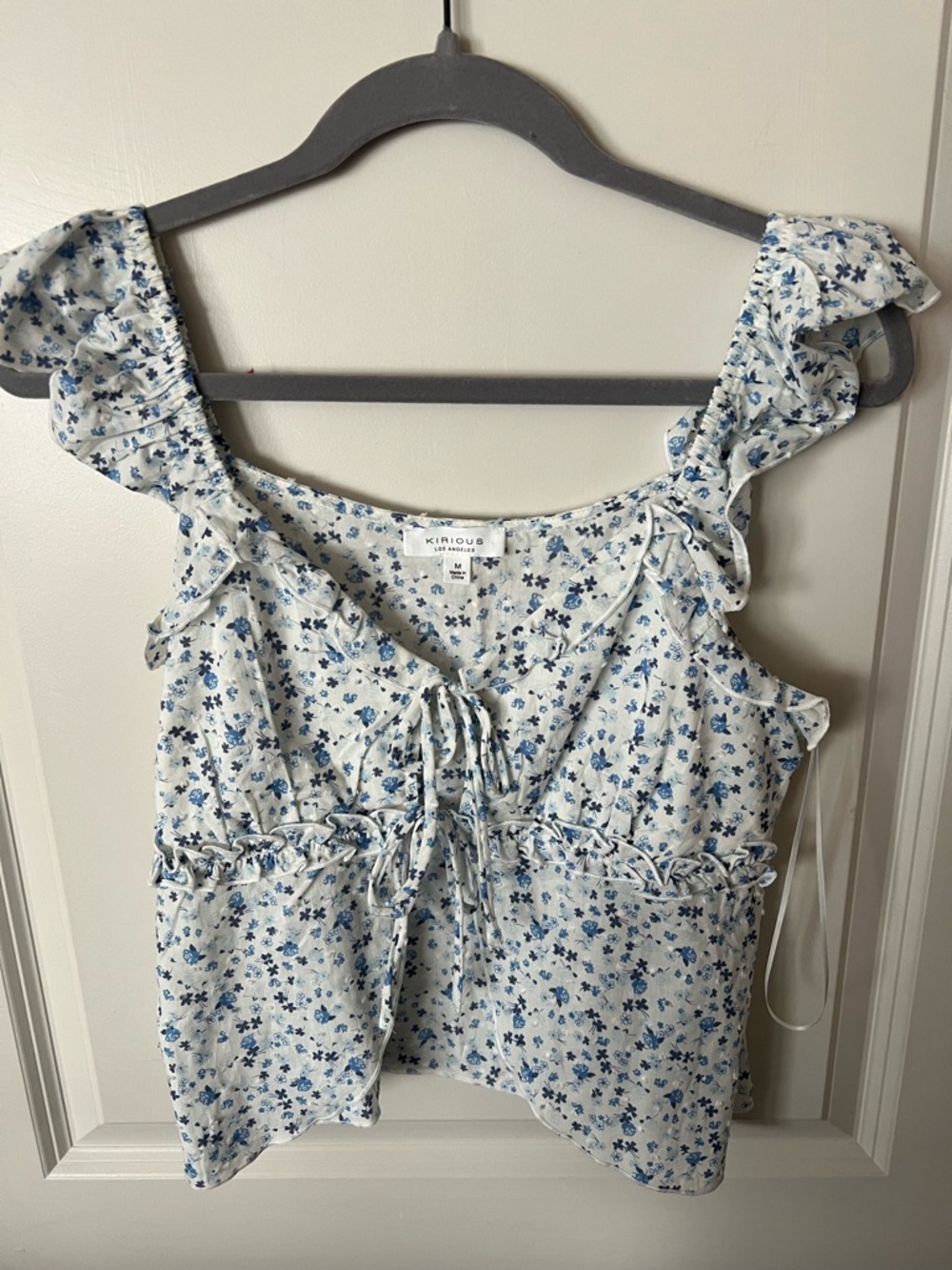 iris Blue and White Floral Tie-Front Ruffle Crop Top